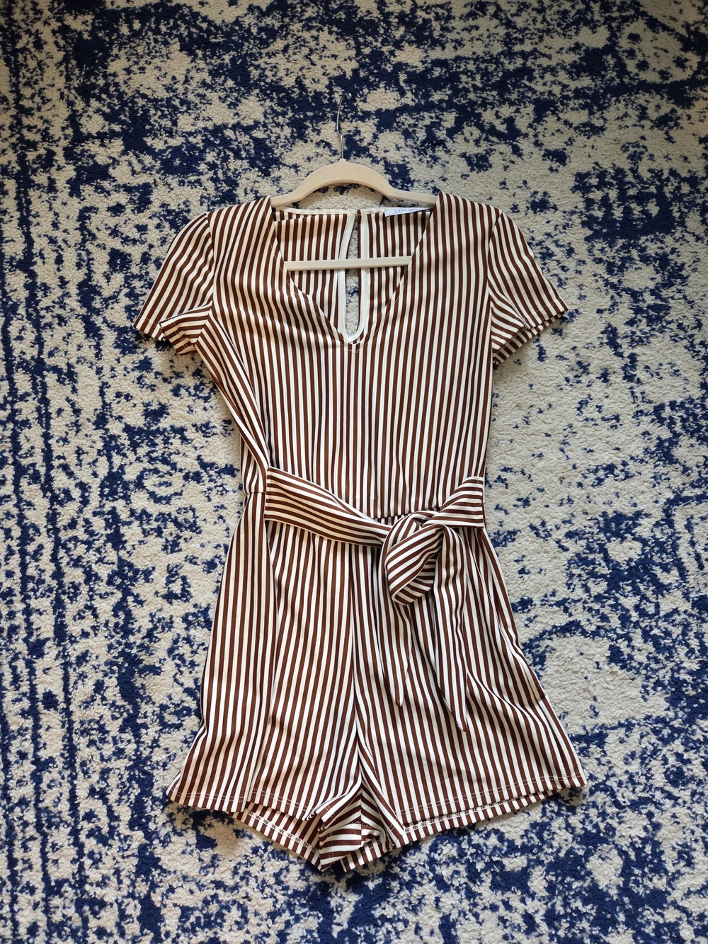 Zara Brown and White Striped Short Sleeve Jumpsuit Romper